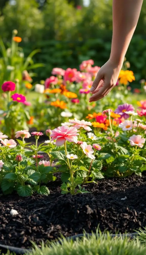 A well-tended flower bed with a fresh layer of mulch, illuminated by soft, natural lighting. In the foreground, hands carefully spreading the dark, nutrient-rich mulch around the base of vibrant blooms. The middle ground showcases a variety of flowering plants, their petals swaying gently in a light breeze. In the background, a lush, verdant garden landscape sets the scene, creating a serene and picturesque atmosphere. The composition emphasizes the simplicity and effectiveness of this gardening task, inviting the viewer to envision themselves tending to their own flower beds with ease and confidence. A well-tended flower bed with a fresh layer of mulch, illuminated by soft, natural lighting. In the foreground, hands carefully spreading the dark, nutrient-rich mulch around the base of vibrant blooms. The middle ground showcases a variety of flowering plants, their petals swaying gently in a light breeze. In the background, a lush, verdant garden landscape sets the scene, creating a serene and picturesque atmosphere. The composition emphasizes the simplicity and effectiveness of this gardening task, inviting the viewer to envision themselves tending to their own flower beds with ease and confidence.
