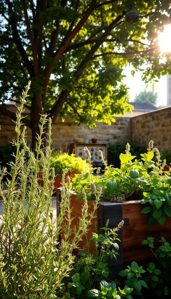 A well-tended herb garden in a sun-dappled courtyard. In the foreground, lush rosemary, thyme, and lavender plants thrive, their fragrant leaves gently swaying. The middle ground features a rustic wooden planter box overflowing with fragrant basil, parsley, and oregano. In the background, a weathered stone wall frames the scene, giving it a sense of timeless serenity. Soft, golden light filters through the canopy of a towering tree, casting a warm, inviting glow over the entire composition. The scene evokes a sense of tranquility and the joy of home-grown, flavorful herbs ready to be harvested and incorporated into delicious, nourishing recipes. A well-tended herb garden in a sun-dappled courtyard. In the foreground, lush rosemary, thyme, and lavender plants thrive, their fragrant leaves gently swaying. The middle ground features a rustic wooden planter box overflowing with fragrant basil, parsley, and oregano. In the background, a weathered stone wall frames the scene, giving it a sense of timeless serenity. Soft, golden light filters through the canopy of a towering tree, casting a warm, inviting glow over the entire composition. The scene evokes a sense of tranquility and the joy of home-grown, flavorful herbs ready to be harvested and incorporated into delicious, nourishing recipes.