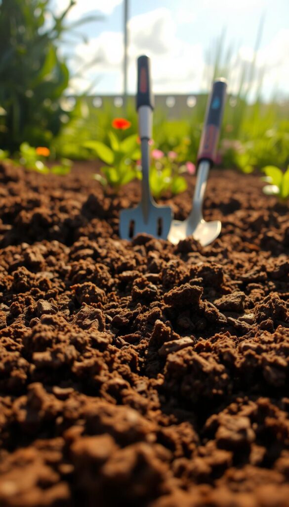A well-tilled garden bed, soil loosened and enriched with organic matter, ready to nurture a vibrant flower display. Sunlight filters through wispy clouds, casting a warm, golden glow over the earthy scene. Close-up, the texture of the prepared soil is evident, with visible flecks of compost and a crumbly, aerated structure. In the middle ground, garden tools stand at the ready, a spade and rake poised to continue the preparation. The background blurs softly, hinting at the lush greenery and blooms that will soon emerge from this carefully tended plot. A well-tilled garden bed, soil loosened and enriched with organic matter, ready to nurture a vibrant flower display. Sunlight filters through wispy clouds, casting a warm, golden glow over the earthy scene. Close-up, the texture of the prepared soil is evident, with visible flecks of compost and a crumbly, aerated structure. In the middle ground, garden tools stand at the ready, a spade and rake poised to continue the preparation. The background blurs softly, hinting at the lush greenery and blooms that will soon emerge from this carefully tended plot.