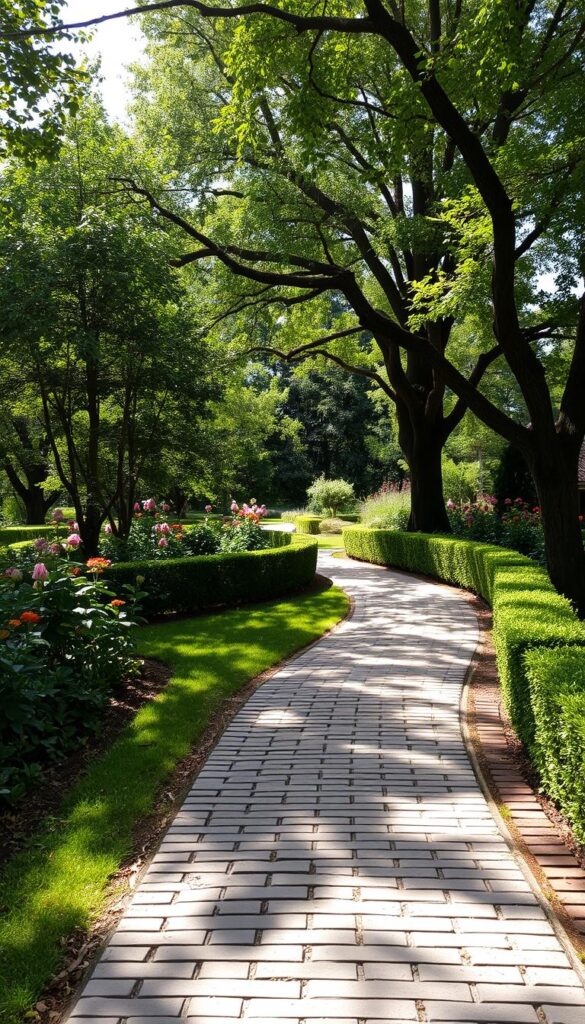 A well-worn brick walkway winds through a lush, verdant garden. The bricks, weathered and time-worn, create a timeless, charming pathway. Soft, dappled sunlight filters through the overhead canopy of mature trees, casting gentle shadows on the ground. The walkway is flanked by neatly trimmed hedges and colorful blooming flowers, adding a touch of elegance and structure. The scene evokes a sense of peaceful tranquility, inviting the viewer to slow down and savor the beauty of the outdoor space.