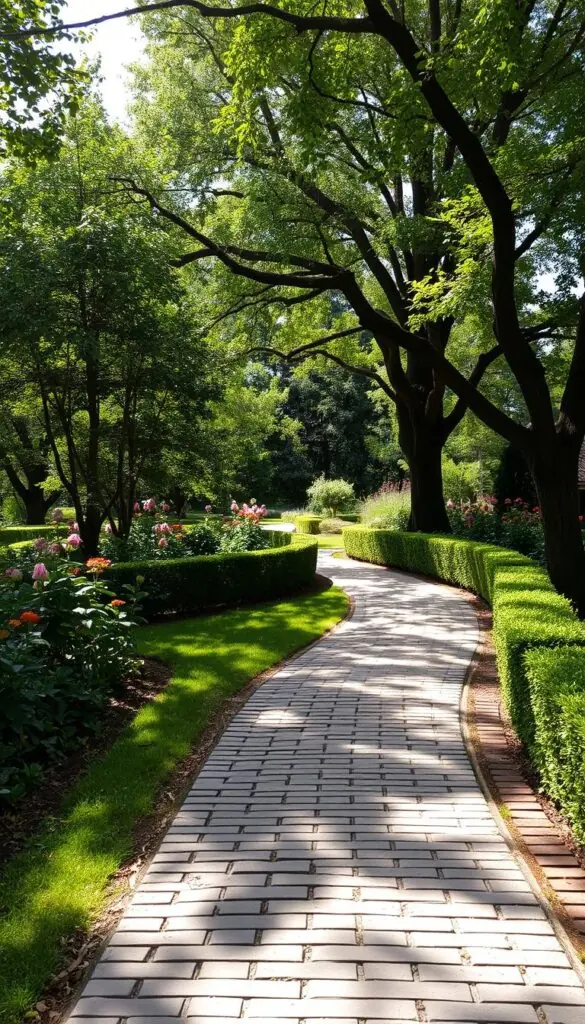 A well-worn brick walkway winds through a lush, verdant garden. The bricks, weathered and time-worn, create a timeless, charming pathway. Soft, dappled sunlight filters through the overhead canopy of mature trees, casting gentle shadows on the ground. The walkway is flanked by neatly trimmed hedges and colorful blooming flowers, adding a touch of elegance and structure. The scene evokes a sense of peaceful tranquility, inviting the viewer to slow down and savor the beauty of the outdoor space.