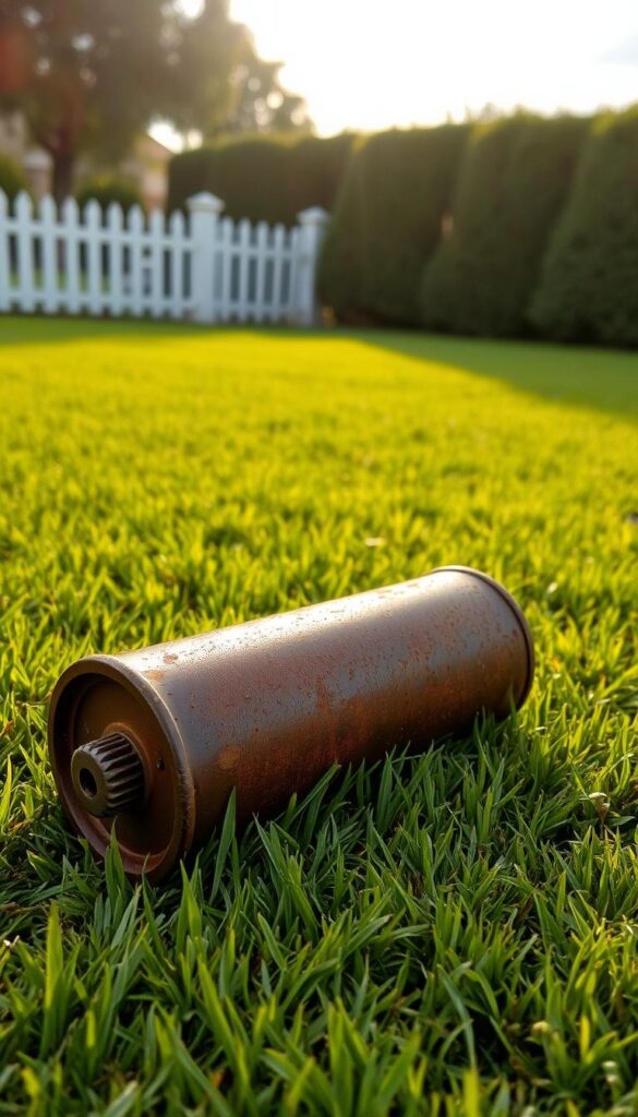 A well-worn, cast iron lawn mower roller attachment resting on a freshly mowed, lush green lawn. The roller's surface is slightly rusted, hinting at its age and years of faithful service. Warm afternoon sunlight filters through wispy clouds, casting a soft, golden glow across the scene. The roller's cylindrical shape and knurled surface texture are captured in vivid detail, showcasing its functional design. In the background, a picket fence and a row of neatly trimmed hedges provide a tidy, pastoral backdrop, setting the stage for an image of simple lawn care tools and techniques. A well-worn, cast iron lawn mower roller attachment resting on a freshly mowed, lush green lawn. The roller's surface is slightly rusted, hinting at its age and years of faithful service. Warm afternoon sunlight filters through wispy clouds, casting a soft, golden glow across the scene. The roller's cylindrical shape and knurled surface texture are captured in vivid detail, showcasing its functional design. In the background, a picket fence and a row of neatly trimmed hedges provide a tidy, pastoral backdrop, setting the stage for an image of simple lawn care tools and techniques.