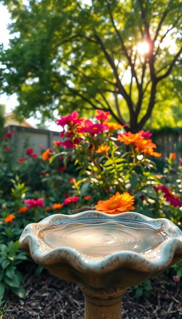 A whimsical, bird-friendly birdbath nestled in a lush, vibrant backyard. Foreground: A shallow basin with gently rippling water, reflecting the colorful surrounding flora. Middle ground: Bursts of blooming flowers in shades of crimson, saffron, and indigo, creating a natural color palette. Background: A verdant tree canopy casting dappled sunlight, adding depth and a sense of tranquility. Lighting: Warm, golden hues evoking a sun-dappled afternoon. Angle: A low, eye-level perspective to showcase the birdbath's inviting design and the vibrant, bird-attracting garden. Mood: Peaceful, inviting, and celebration of nature's beauty.