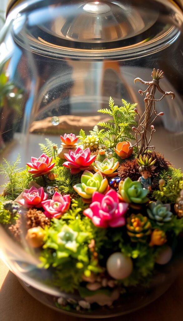 A whimsical terrarium brimming with vibrant succulents, nestled amidst delicate ferns and mosses. Sunlight filters through the glass enclosure, casting a warm glow and creating a captivating fairy garden. Intricate, miniature decorative pieces, such as tiny figurines and glittering crystals, dot the lush landscape. The scene is composed with a sense of balance and harmony, inviting the viewer to step into a enchanting, small-scale world. Captured with a wide-angle lens, the image showcases the detailed textures and vibrant colors of the plants, creating a sense of depth and an immersive, ethereal atmosphere. A whimsical terrarium brimming with vibrant succulents, nestled amidst delicate ferns and mosses. Sunlight filters through the glass enclosure, casting a warm glow and creating a captivating fairy garden. Intricate, miniature decorative pieces, such as tiny figurines and glittering crystals, dot the lush landscape. The scene is composed with a sense of balance and harmony, inviting the viewer to step into a enchanting, small-scale world. Captured with a wide-angle lens, the image showcases the detailed textures and vibrant colors of the plants, creating a sense of depth and an immersive, ethereal atmosphere.