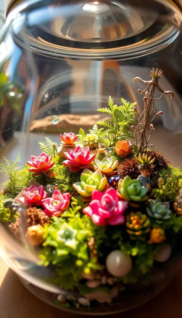 A whimsical terrarium brimming with vibrant succulents, nestled amidst delicate ferns and mosses. Sunlight filters through the glass enclosure, casting a warm glow and creating a captivating fairy garden. Intricate, miniature decorative pieces, such as tiny figurines and glittering crystals, dot the lush landscape. The scene is composed with a sense of balance and harmony, inviting the viewer to step into a enchanting, small-scale world. Captured with a wide-angle lens, the image showcases the detailed textures and vibrant colors of the plants, creating a sense of depth and an immersive, ethereal atmosphere. A whimsical terrarium brimming with vibrant succulents, nestled amidst delicate ferns and mosses. Sunlight filters through the glass enclosure, casting a warm glow and creating a captivating fairy garden. Intricate, miniature decorative pieces, such as tiny figurines and glittering crystals, dot the lush landscape. The scene is composed with a sense of balance and harmony, inviting the viewer to step into a enchanting, small-scale world. Captured with a wide-angle lens, the image showcases the detailed textures and vibrant colors of the plants, creating a sense of depth and an immersive, ethereal atmosphere.