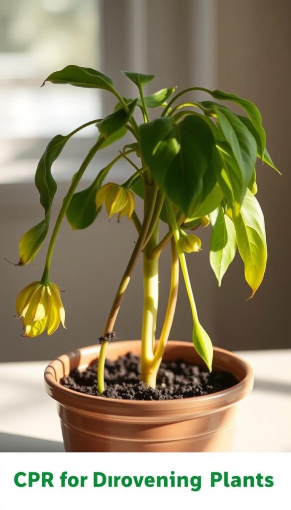 A wilted, drooping houseplant sits in a ceramic pot, its leaves yellowing and soil visibly saturated. Pale morning sunlight filters through a nearby window, casting soft shadows across the scene. The plant's stems sag, appearing to plead for help as it succumbs to the effects of overwatering. The background is blurred, drawing the viewer's eye to the distressed vegetation at the center of the frame. A sense of urgency and a need for resuscitation permeates the image, reflecting the "CPR for Drowning Plants" theme.