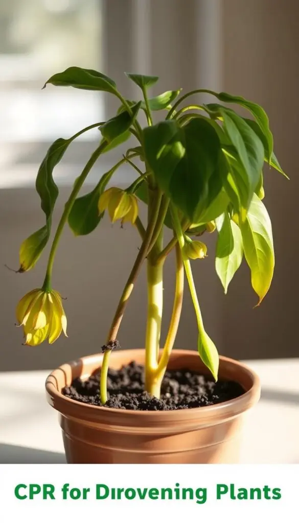 A wilted, drooping houseplant sits in a ceramic pot, its leaves yellowing and soil visibly saturated. Pale morning sunlight filters through a nearby window, casting soft shadows across the scene. The plant's stems sag, appearing to plead for help as it succumbs to the effects of overwatering. The background is blurred, drawing the viewer's eye to the distressed vegetation at the center of the frame. A sense of urgency and a need for resuscitation permeates the image, reflecting the "CPR for Drowning Plants" theme. A wilted, drooping houseplant sits in a ceramic pot, its leaves yellowing and soil visibly saturated. Pale morning sunlight filters through a nearby window, casting soft shadows across the scene. The plant's stems sag, appearing to plead for help as it succumbs to the effects of overwatering. The background is blurred, drawing the viewer's eye to the distressed vegetation at the center of the frame. A sense of urgency and a need for resuscitation permeates the image, reflecting the "CPR for Drowning Plants" theme.
