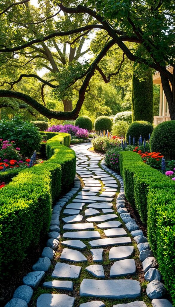 A winding garden path meanders through a lush, well-manicured flower bed, leading visitors towards the inviting front door. The path is lined with neatly trimmed boxwood hedges, their rich green hues contrasting beautifully with the vibrant blooms of colorful annuals and perennials. Sunlight filters through the canopy of mature trees, casting a warm, soft glow across the scene. Carefully placed river stones edge the path, guiding guests with a tactile and textural experience. The overall composition creates a sense of order and intentionality, beckoning people to follow the path and explore the captivating front yard landscape. A winding garden path meanders through a lush, well-manicured flower bed, leading visitors towards the inviting front door. The path is lined with neatly trimmed boxwood hedges, their rich green hues contrasting beautifully with the vibrant blooms of colorful annuals and perennials. Sunlight filters through the canopy of mature trees, casting a warm, soft glow across the scene. Carefully placed river stones edge the path, guiding guests with a tactile and textural experience. The overall composition creates a sense of order and intentionality, beckoning people to follow the path and explore the captivating front yard landscape.