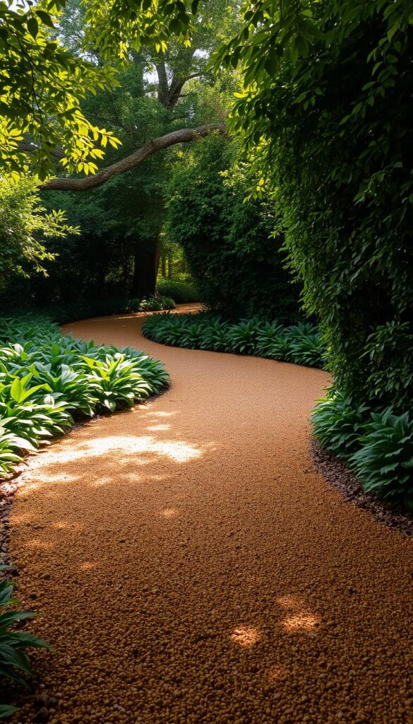 A winding gravel path meanders through a lush, verdant garden. The gravel is a warm, earthy tone, meticulously laid in an organic, natural pattern. Lush, overgrown foliage frames the path on either side, creating a sense of seclusion and tranquility. Dappled sunlight filters through the canopy of trees above, casting a soft, golden glow on the scene. The path curves gently, inviting the viewer to explore further, discovering hidden pockets of the garden. The overall atmosphere is one of serenity and a connection to nature, creating a calming and restorative walkway.
