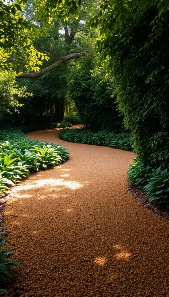 A winding gravel path meanders through a lush, verdant garden. The gravel is a warm, earthy tone, meticulously laid in an organic, natural pattern. Lush, overgrown foliage frames the path on either side, creating a sense of seclusion and tranquility. Dappled sunlight filters through the canopy of trees above, casting a soft, golden glow on the scene. The path curves gently, inviting the viewer to explore further, discovering hidden pockets of the garden. The overall atmosphere is one of serenity and a connection to nature, creating a calming and restorative walkway.