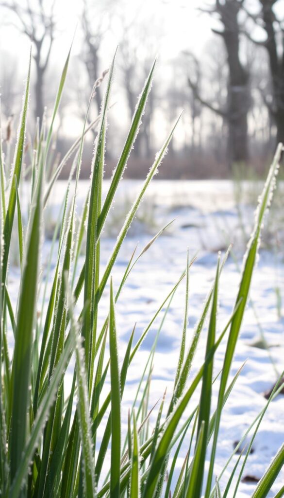A wintry landscape, with a foreground of lush, frost-kissed grass blades glistening in the soft, diffused light. The grass stands tall and resilient, its blades gently swaying in a light breeze. In the middle ground, a subtle dusting of snow covers the ground, creating a serene and peaceful atmosphere. The background is a softly blurred expanse of bare trees, their branches reaching towards the sky, framing the scene. The overall mood is one of quiet resilience, as the grass stands firm against the winter chill, ready to reemerge in the spring. A wintry landscape, with a foreground of lush, frost-kissed grass blades glistening in the soft, diffused light. The grass stands tall and resilient, its blades gently swaying in a light breeze. In the middle ground, a subtle dusting of snow covers the ground, creating a serene and peaceful atmosphere. The background is a softly blurred expanse of bare trees, their branches reaching towards the sky, framing the scene. The overall mood is one of quiet resilience, as the grass stands firm against the winter chill, ready to reemerge in the spring.