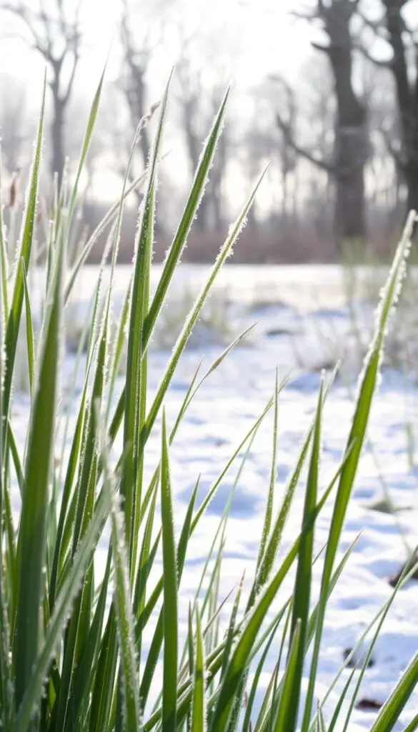 A wintry landscape, with a foreground of lush, frost-kissed grass blades glistening in the soft, diffused light. The grass stands tall and resilient, its blades gently swaying in a light breeze. In the middle ground, a subtle dusting of snow covers the ground, creating a serene and peaceful atmosphere. The background is a softly blurred expanse of bare trees, their branches reaching towards the sky, framing the scene. The overall mood is one of quiet resilience, as the grass stands firm against the winter chill, ready to reemerge in the spring. A wintry landscape, with a foreground of lush, frost-kissed grass blades glistening in the soft, diffused light. The grass stands tall and resilient, its blades gently swaying in a light breeze. In the middle ground, a subtle dusting of snow covers the ground, creating a serene and peaceful atmosphere. The background is a softly blurred expanse of bare trees, their branches reaching towards the sky, framing the scene. The overall mood is one of quiet resilience, as the grass stands firm against the winter chill, ready to reemerge in the spring.