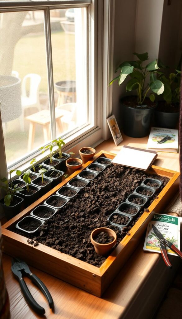 A wooden tray filled with potting soil, ready for spring vegetable seeds. The tray sits on a cozy windowsill, bathed in warm, natural light from a large window. Seedling trays and small terracotta pots line the tray, waiting to be planted. Nearby, a gardening journal, pruning shears, and packets of heirloom seeds create a serene, organized setup. The composition has a relaxed, homey atmosphere, inviting the viewer to start their own indoor garden. The scene is captured from a slightly elevated angle, giving a sense of coziness and comfort. A wooden tray filled with potting soil, ready for spring vegetable seeds. The tray sits on a cozy windowsill, bathed in warm, natural light from a large window. Seedling trays and small terracotta pots line the tray, waiting to be planted. Nearby, a gardening journal, pruning shears, and packets of heirloom seeds create a serene, organized setup. The composition has a relaxed, homey atmosphere, inviting the viewer to start their own indoor garden. The scene is captured from a slightly elevated angle, giving a sense of coziness and comfort.