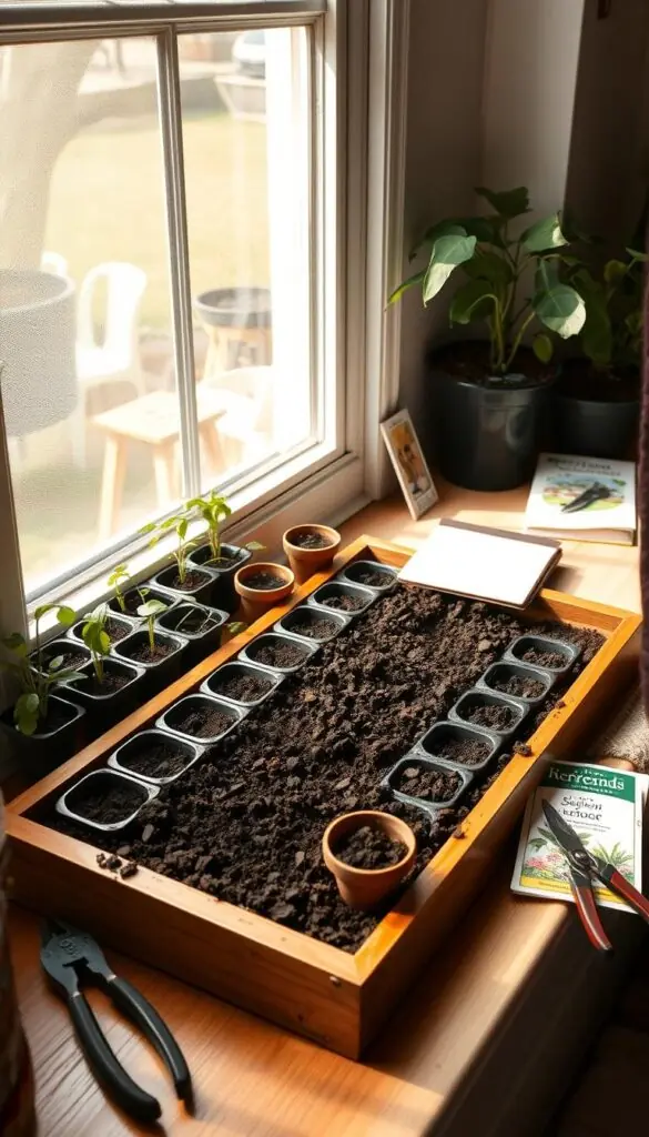A wooden tray filled with potting soil, ready for spring vegetable seeds. The tray sits on a cozy windowsill, bathed in warm, natural light from a large window. Seedling trays and small terracotta pots line the tray, waiting to be planted. Nearby, a gardening journal, pruning shears, and packets of heirloom seeds create a serene, organized setup. The composition has a relaxed, homey atmosphere, inviting the viewer to start their own indoor garden. The scene is captured from a slightly elevated angle, giving a sense of coziness and comfort. A wooden tray filled with potting soil, ready for spring vegetable seeds. The tray sits on a cozy windowsill, bathed in warm, natural light from a large window. Seedling trays and small terracotta pots line the tray, waiting to be planted. Nearby, a gardening journal, pruning shears, and packets of heirloom seeds create a serene, organized setup. The composition has a relaxed, homey atmosphere, inviting the viewer to start their own indoor garden. The scene is captured from a slightly elevated angle, giving a sense of coziness and comfort.