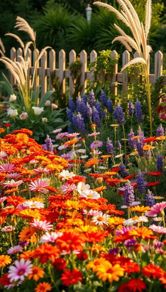 An abundant, lush garden border filled with a vibrant array of blooming flowers. In the foreground, rows of colorful annuals like marigolds, zinnias, and cosmos sway gently in a soft breeze. The middle ground showcases a mix of perennials like daylilies, peonies, and lavender, their delicate petals and verdant foliage creating a harmonious tapestry. In the background, a picturesque split-rail fence frames the scene, with wispy ornamental grasses and trailing vines cascading over the edges. The lighting is warm and golden, casting a dreamy, romantic glow across the entire composition. Captured with a wide-angle lens to showcase the depth and grandeur of this captivating garden border. An abundant, lush garden border filled with a vibrant array of blooming flowers. In the foreground, rows of colorful annuals like marigolds, zinnias, and cosmos sway gently in a soft breeze. The middle ground showcases a mix of perennials like daylilies, peonies, and lavender, their delicate petals and verdant foliage creating a harmonious tapestry. In the background, a picturesque split-rail fence frames the scene, with wispy ornamental grasses and trailing vines cascading over the edges. The lighting is warm and golden, casting a dreamy, romantic glow across the entire composition. Captured with a wide-angle lens to showcase the depth and grandeur of this captivating garden border.