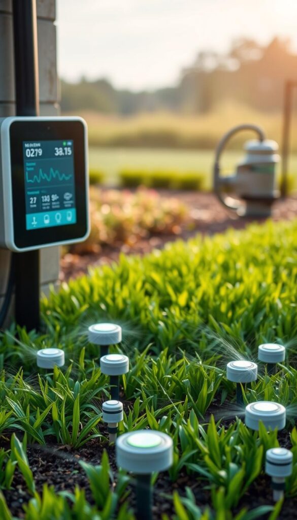 An advanced smart irrigation system with a sleek, modern control panel displaying water usage metrics and a touchscreen interface. In the foreground, a lush, verdant lawn is being carefully irrigated by a network of discreet underground sprinklers. The middle ground showcases a variety of smart sensors embedded in the soil, monitoring moisture levels and weather conditions to optimize watering schedules. In the background, a minimalist, energy-efficient irrigation pump silently powers the system, surrounded by a serene, natural landscape. The scene conveys a sense of technological sophistication seamlessly integrated with sustainable, eco-friendly water management. An advanced smart irrigation system with a sleek, modern control panel displaying water usage metrics and a touchscreen interface. In the foreground, a lush, verdant lawn is being carefully irrigated by a network of discreet underground sprinklers. The middle ground showcases a variety of smart sensors embedded in the soil, monitoring moisture levels and weather conditions to optimize watering schedules. In the background, a minimalist, energy-efficient irrigation pump silently powers the system, surrounded by a serene, natural landscape. The scene conveys a sense of technological sophistication seamlessly integrated with sustainable, eco-friendly water management.