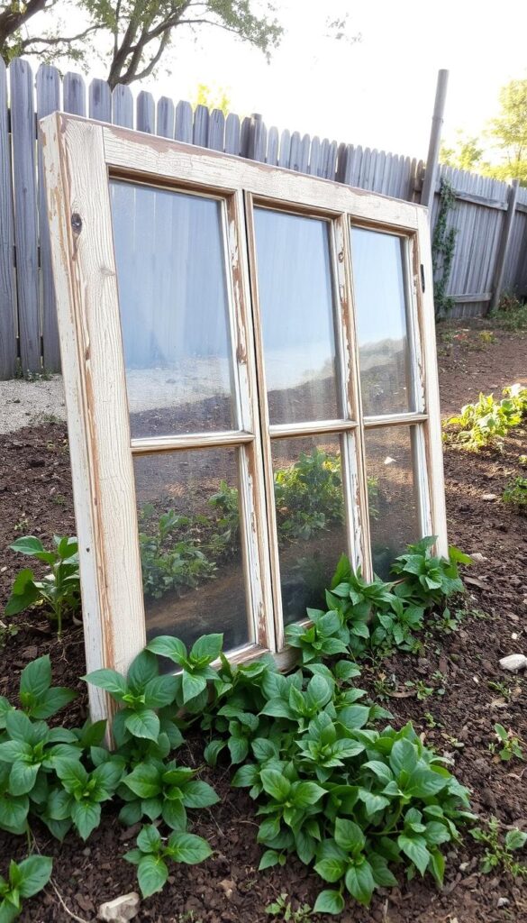 An aged, weathered set of wooden-framed windows resting on a dirt-covered garden bed, partially overgrown with lush green foliage. The frames are chipped and distressed, with a rustic, vintage charm. Soft, diffused natural light filters through the panes, casting warm, mellow tones across the scene. In the background, a wooden fence and a sparse, overgrown garden provide a sense of peaceful seclusion. The overall composition conveys a sense of timeworn character and the repurposing of old materials for a practical purpose. An aged, weathered set of wooden-framed windows resting on a dirt-covered garden bed, partially overgrown with lush green foliage. The frames are chipped and distressed, with a rustic, vintage charm. Soft, diffused natural light filters through the panes, casting warm, mellow tones across the scene. In the background, a wooden fence and a sparse, overgrown garden provide a sense of peaceful seclusion. The overall composition conveys a sense of timeworn character and the repurposing of old materials for a practical purpose.