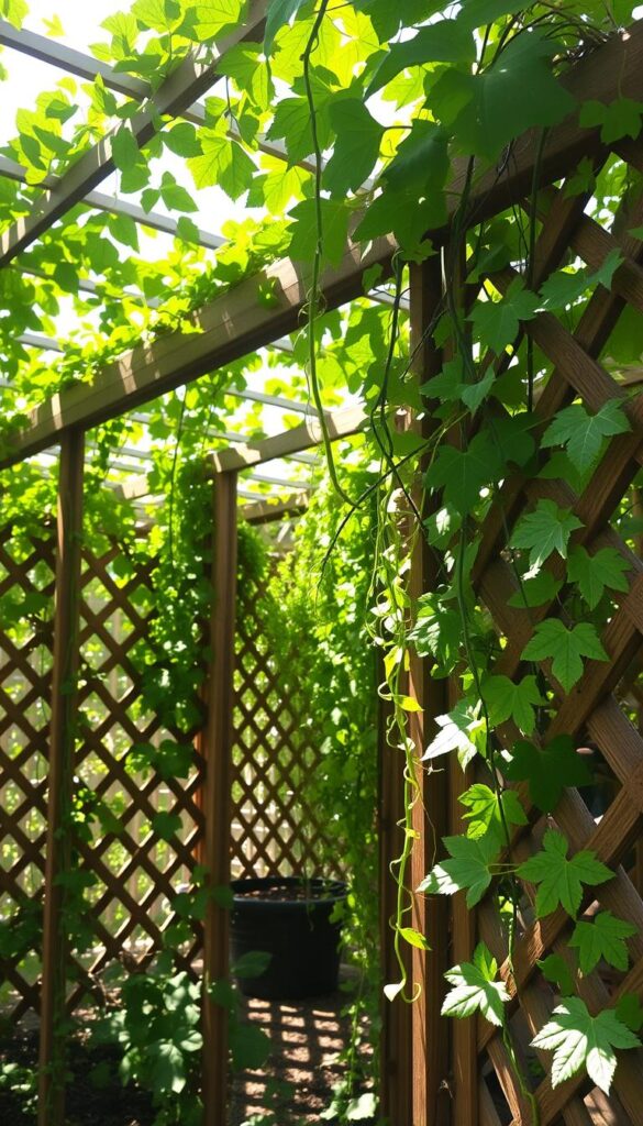 An airy, verdant garden scene with lush, sprawling vines clinging to sturdy, latticed trellises. Dappled sunlight filters through the gaps, casting gentle shadows on the soil below. The trellises' open, geometric framework allows for optimal air circulation, promoting healthier, pest-resistant plants. Delicate tendrils reach upwards, guided by the sturdy support structures. The overall composition conveys a sense of balance, efficiency, and natural harmony - a thriving, vertical garden oasis. An airy, verdant garden scene with lush, sprawling vines clinging to sturdy, latticed trellises. Dappled sunlight filters through the gaps, casting gentle shadows on the soil below. The trellises' open, geometric framework allows for optimal air circulation, promoting healthier, pest-resistant plants. Delicate tendrils reach upwards, guided by the sturdy support structures. The overall composition conveys a sense of balance, efficiency, and natural harmony - a thriving, vertical garden oasis.