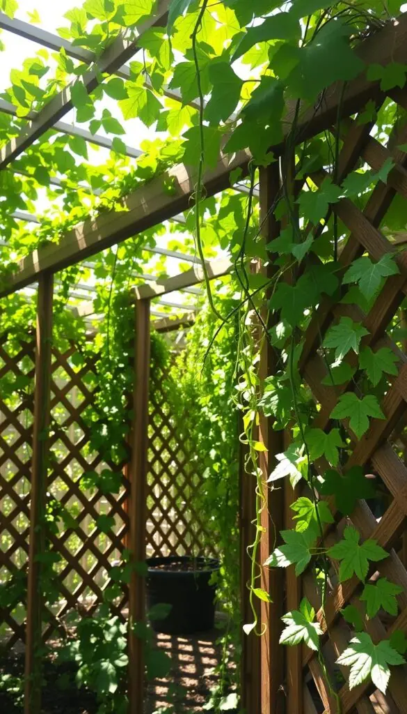 An airy, verdant garden scene with lush, sprawling vines clinging to sturdy, latticed trellises. Dappled sunlight filters through the gaps, casting gentle shadows on the soil below. The trellises' open, geometric framework allows for optimal air circulation, promoting healthier, pest-resistant plants. Delicate tendrils reach upwards, guided by the sturdy support structures. The overall composition conveys a sense of balance, efficiency, and natural harmony - a thriving, vertical garden oasis.