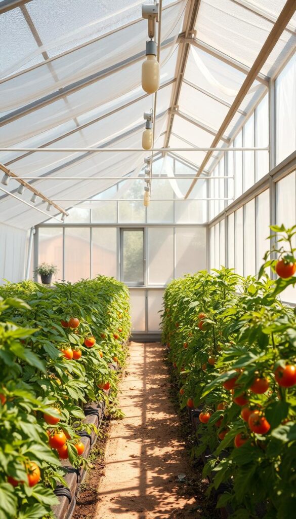 An airy, well-ventilated greenhouse with a natural, organic atmosphere. Delicate air currents gently flow through the space, creating a soothing, harmonious circulation. Sunlight streams in through large windows, casting warm, diffused illumination that highlights the lush, vibrant foliage of tomato plants. The plants are spaced apart, allowing ample room for the air to circulate freely around their leaves and stems. The soil appears rich and moist, supporting the plants' healthy growth. The overall scene conveys a sense of balance, tranquility, and ideal conditions for preventing tomato diseases. An airy, well-ventilated greenhouse with a natural, organic atmosphere. Delicate air currents gently flow through the space, creating a soothing, harmonious circulation. Sunlight streams in through large windows, casting warm, diffused illumination that highlights the lush, vibrant foliage of tomato plants. The plants are spaced apart, allowing ample room for the air to circulate freely around their leaves and stems. The soil appears rich and moist, supporting the plants' healthy growth. The overall scene conveys a sense of balance, tranquility, and ideal conditions for preventing tomato diseases.