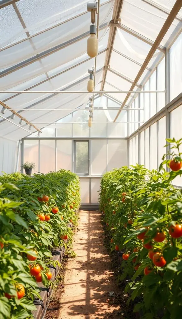 An airy, well-ventilated greenhouse with a natural, organic atmosphere. Delicate air currents gently flow through the space, creating a soothing, harmonious circulation. Sunlight streams in through large windows, casting warm, diffused illumination that highlights the lush, vibrant foliage of tomato plants. The plants are spaced apart, allowing ample room for the air to circulate freely around their leaves and stems. The soil appears rich and moist, supporting the plants' healthy growth. The overall scene conveys a sense of balance, tranquility, and ideal conditions for preventing tomato diseases. An airy, well-ventilated greenhouse with a natural, organic atmosphere. Delicate air currents gently flow through the space, creating a soothing, harmonious circulation. Sunlight streams in through large windows, casting warm, diffused illumination that highlights the lush, vibrant foliage of tomato plants. The plants are spaced apart, allowing ample room for the air to circulate freely around their leaves and stems. The soil appears rich and moist, supporting the plants' healthy growth. The overall scene conveys a sense of balance, tranquility, and ideal conditions for preventing tomato diseases.