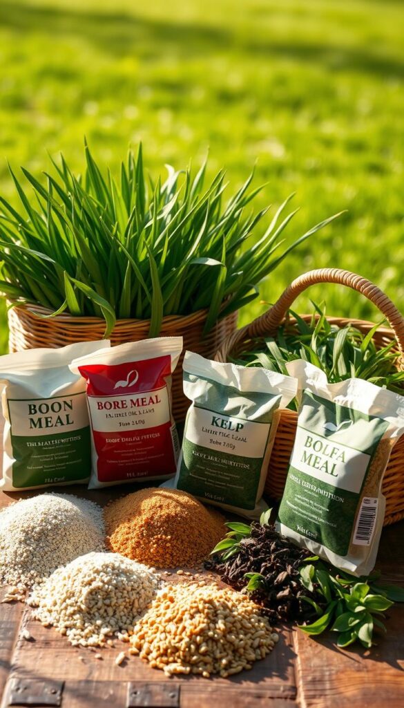 An artfully arranged still life showcasing various organic fertilizers for a lush, healthy lawn. In the foreground, a selection of natural ingredients - bone meal, blood meal, alfalfa meal, and kelp - neatly displayed on a rustic wooden surface. In the middle ground, a hand-woven basket overflows with vibrant green grass clippings, a testament to the slow-release nutrition these fertilizers provide. Soft, natural lighting filters in from the side, casting warm shadows and highlights that accentuate the earthy tones. The background features a blurred expanse of a well-manicured lawn, hinting at the end result of these gentle, sustainable feeding methods. An atmosphere of nurturing, sustainable gardening permeates the scene.