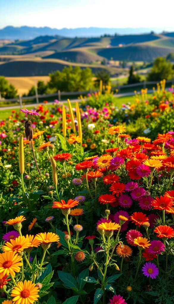 An artfully composed image of a lush, well-tended garden brimming with vibrant, colorful flowers. In the foreground, a variety of deadheadable plants are showcased, their spent blooms removed to encourage new growth and additional flowers. The middle ground features a mix of perennials and annuals, their petals bursting with life under the warm, golden glow of the afternoon sun. In the background, a picturesque landscape unfolds, with rolling hills and a cloudless azure sky. The overall scene exudes a sense of tranquility and natural harmony, inviting the viewer to pause and appreciate the beauty of properly maintained, reward-yielding garden plants.