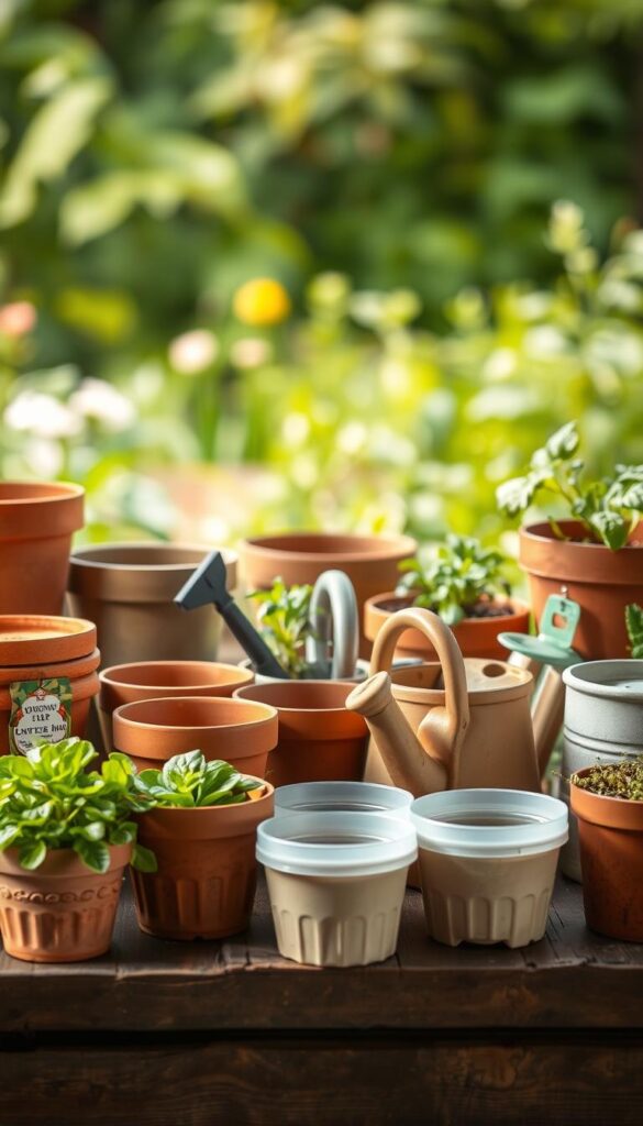 An assortment of various feeding containers for container gardening, arranged on a rustic wooden surface with natural lighting filtering in from the side. The foreground features a selection of terracotta pots, ceramic planters, and self-watering containers in earthy tones, each with a label or tag indicating their contents. In the middle ground, a few watering cans and gardening tools sit alongside the containers, hinting at the nurturing process. The background softly fades into a blurred, verdant garden scene, evoking a sense of lush, thriving growth. The overall composition conveys an organized, functional, and visually appealing display of the tools and vessels essential for nourishing container-grown vegetables. An assortment of various feeding containers for container gardening, arranged on a rustic wooden surface with natural lighting filtering in from the side. The foreground features a selection of terracotta pots, ceramic planters, and self-watering containers in earthy tones, each with a label or tag indicating their contents. In the middle ground, a few watering cans and gardening tools sit alongside the containers, hinting at the nurturing process. The background softly fades into a blurred, verdant garden scene, evoking a sense of lush, thriving growth. The overall composition conveys an organized, functional, and visually appealing display of the tools and vessels essential for nourishing container-grown vegetables.