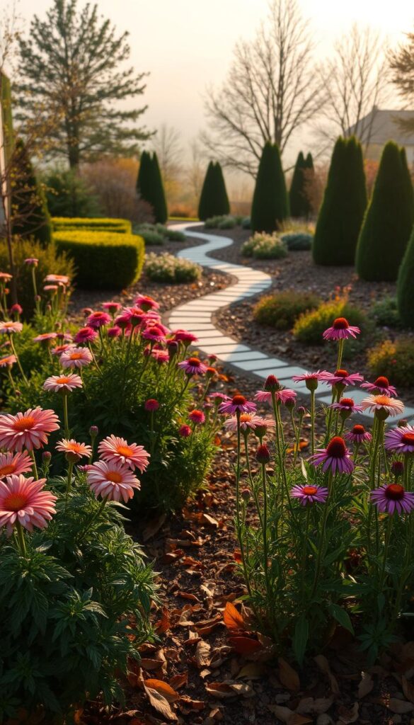 An autumnal garden scene with a gentle, serene atmosphere. In the foreground, lush perennials - chrysanthemums, asters, and coneflowers - stand tall, their vibrant blooms contrasting against the earthy tones of fallen leaves. The middle ground features a winding stone path, flanked by neatly pruned shrubs and the delicate silhouettes of deciduous trees. In the background, a soft, hazy horizon is illuminated by the warm glow of a late afternoon sun, casting long shadows across the well-tended beds. The lighting is soft and diffused, creating a sense of tranquility and inviting the viewer to linger and savor the beauty of the fall garden. An autumnal garden scene with a gentle, serene atmosphere. In the foreground, lush perennials - chrysanthemums, asters, and coneflowers - stand tall, their vibrant blooms contrasting against the earthy tones of fallen leaves. The middle ground features a winding stone path, flanked by neatly pruned shrubs and the delicate silhouettes of deciduous trees. In the background, a soft, hazy horizon is illuminated by the warm glow of a late afternoon sun, casting long shadows across the well-tended beds. The lighting is soft and diffused, creating a sense of tranquility and inviting the viewer to linger and savor the beauty of the fall garden.
