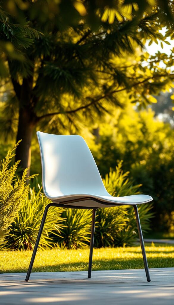 An elegant outdoor chair with a sleek, modern design, set against a backdrop of lush greenery and a warm, golden afternoon light. The chair features clean lines, a comfortable contoured seat, and sturdy, powder-coated metal legs that seamlessly blend into the natural setting. The scene is framed by the dappled shadows of swaying trees, creating a peaceful, inviting atmosphere perfect for relaxation and al fresco dining. The camera angle captures the chair from a slightly elevated perspective, showcasing its sculptural form and the harmonious integration with the surrounding environment. An elegant outdoor chair with a sleek, modern design, set against a backdrop of lush greenery and a warm, golden afternoon light. The chair features clean lines, a comfortable contoured seat, and sturdy, powder-coated metal legs that seamlessly blend into the natural setting. The scene is framed by the dappled shadows of swaying trees, creating a peaceful, inviting atmosphere perfect for relaxation and al fresco dining. The camera angle captures the chair from a slightly elevated perspective, showcasing its sculptural form and the harmonious integration with the surrounding environment.
