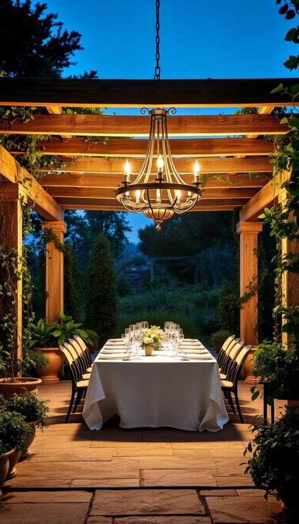 An elegant outdoor dining area set under a picturesque pergola, bathed in the warm glow of a large, wrought-iron chandelier hanging overhead. The table is laid with crisp white linens and set with fine china and crystal glassware, inviting guests to dine al fresco. Lush, potted plants and trailing vines frame the scene, creating a sense of lush, natural luxury. The lighting casts a soft, romantic ambiance, with subtle shadows playing across the weathered wood and stone surfaces. The entire composition suggests a tranquil, sophisticated space perfect for entertaining on a balmy summer evening. An elegant outdoor dining area set under a picturesque pergola, bathed in the warm glow of a large, wrought-iron chandelier hanging overhead. The table is laid with crisp white linens and set with fine china and crystal glassware, inviting guests to dine al fresco. Lush, potted plants and trailing vines frame the scene, creating a sense of lush, natural luxury. The lighting casts a soft, romantic ambiance, with subtle shadows playing across the weathered wood and stone surfaces. The entire composition suggests a tranquil, sophisticated space perfect for entertaining on a balmy summer evening.