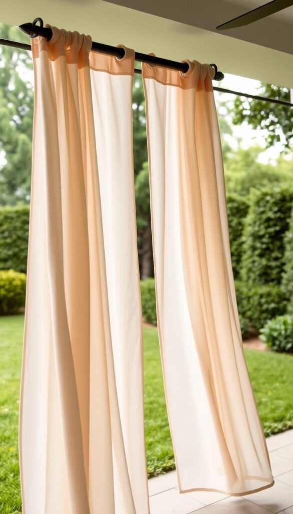 An elegant outdoor patio setting, with a lush green lawn and verdant foliage in the background. In the foreground, a pair of flowing, semi-sheer outdoor curtains in a soft, neutral tone sway gently in the warm breeze. The curtains are expertly draped over a sturdy, wrought-iron frame, creating a cozy, private seating area. The lighting is soft and diffused, creating a calming, inviting atmosphere. The camera angle is slightly elevated, capturing the scene from an angle that showcases the depth and layers of the space. Overall, the image conveys a sense of relaxation, comfort, and the effortless style that outdoor curtains can bring to any patio or garden setting. An elegant outdoor patio setting, with a lush green lawn and verdant foliage in the background. In the foreground, a pair of flowing, semi-sheer outdoor curtains in a soft, neutral tone sway gently in the warm breeze. The curtains are expertly draped over a sturdy, wrought-iron frame, creating a cozy, private seating area. The lighting is soft and diffused, creating a calming, inviting atmosphere. The camera angle is slightly elevated, capturing the scene from an angle that showcases the depth and layers of the space. Overall, the image conveys a sense of relaxation, comfort, and the effortless style that outdoor curtains can bring to any patio or garden setting.