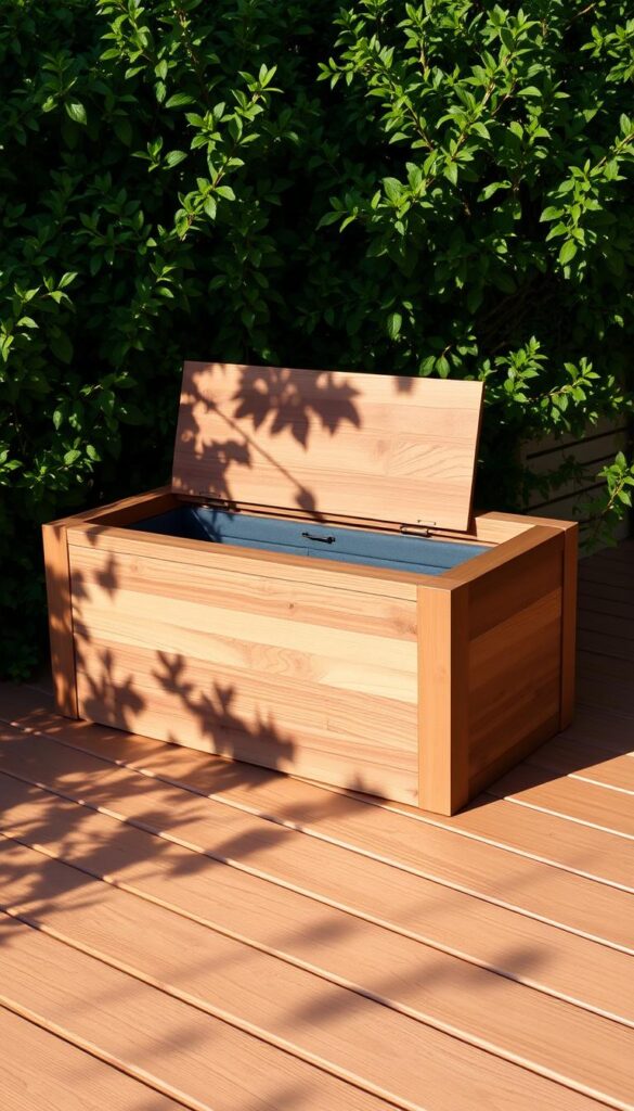 An elegant, wooden deck box with a sleek, contemporary design sits on a well-maintained wooden deck, surrounded by lush, green foliage. The box features clean lines, a subtle grain pattern, and a matte finish that blends seamlessly with the outdoor environment. Warm, natural lighting casts soft shadows, accentuating the box's sculptural form and highlighting its functionality as a versatile storage solution. The scene conveys a sense of harmony between the built and natural elements, creating a visually appealing and practical outdoor living space.
