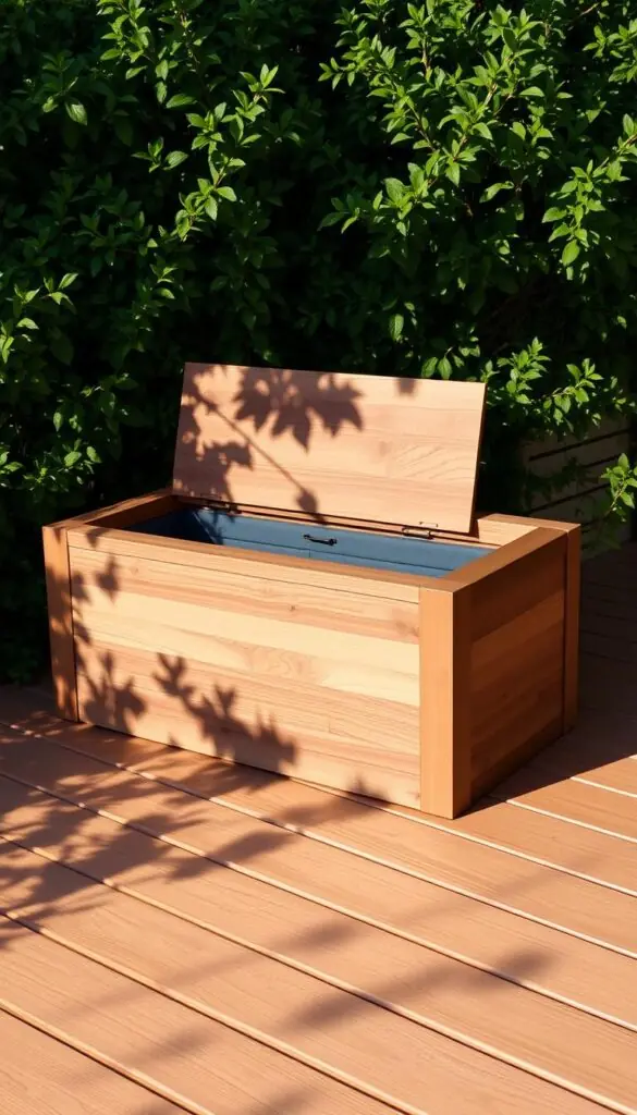 An elegant, wooden deck box with a sleek, contemporary design sits on a well-maintained wooden deck, surrounded by lush, green foliage. The box features clean lines, a subtle grain pattern, and a matte finish that blends seamlessly with the outdoor environment. Warm, natural lighting casts soft shadows, accentuating the box's sculptural form and highlighting its functionality as a versatile storage solution. The scene conveys a sense of harmony between the built and natural elements, creating a visually appealing and practical outdoor living space. An elegant, wooden deck box with a sleek, contemporary design sits on a well-maintained wooden deck, surrounded by lush, green foliage. The box features clean lines, a subtle grain pattern, and a matte finish that blends seamlessly with the outdoor environment. Warm, natural lighting casts soft shadows, accentuating the box's sculptural form and highlighting its functionality as a versatile storage solution. The scene conveys a sense of harmony between the built and natural elements, creating a visually appealing and practical outdoor living space.