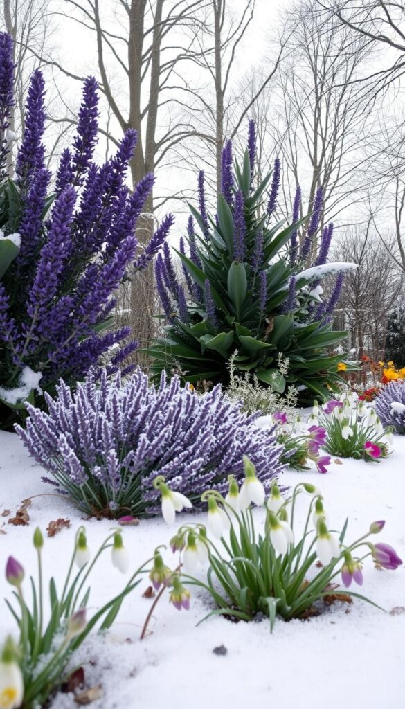 An enchanting winter garden scene, featuring a vibrant display of cold-hardy perennial flowers blooming amid a snowy landscape. In the foreground, delicate snowdrops and cheerful hellebores dot the frost-kissed ground, their petals catching the soft, diffused light. Towering in the middle ground, stately purple-hued lavender and fragrant rosemary bushes add depth and texture, their evergreen foliage providing a striking contrast against the pristine white backdrop. In the distance, a glistening layer of snow covers the bare branches of deciduous trees, creating a serene and peaceful atmosphere. The image is captured with a shallow depth of field, drawing the viewer's eye to the captivating floral arrangements and highlighting the resilience of these hardy, late-winter bloomers. An enchanting winter garden scene, featuring a vibrant display of cold-hardy perennial flowers blooming amid a snowy landscape. In the foreground, delicate snowdrops and cheerful hellebores dot the frost-kissed ground, their petals catching the soft, diffused light. Towering in the middle ground, stately purple-hued lavender and fragrant rosemary bushes add depth and texture, their evergreen foliage providing a striking contrast against the pristine white backdrop. In the distance, a glistening layer of snow covers the bare branches of deciduous trees, creating a serene and peaceful atmosphere. The image is captured with a shallow depth of field, drawing the viewer's eye to the captivating floral arrangements and highlighting the resilience of these hardy, late-winter bloomers.