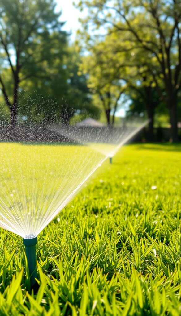 An evenly irrigated lawn on a bright summer day, with sunlight filtering through lush, verdant grass. In the foreground, a sprinkler head uniformly distributes water, creating a gentle mist. The middle ground showcases the well-watered lawn, vibrant shades of green complemented by the warm, golden tones of the sunlight. In the background, a row of mature trees provides a natural backdrop, their branches swaying gently in a light breeze. The scene conveys a sense of balance, efficiency, and the harmonious integration of artificial irrigation and the natural environment. An evenly irrigated lawn on a bright summer day, with sunlight filtering through lush, verdant grass. In the foreground, a sprinkler head uniformly distributes water, creating a gentle mist. The middle ground showcases the well-watered lawn, vibrant shades of green complemented by the warm, golden tones of the sunlight. In the background, a row of mature trees provides a natural backdrop, their branches swaying gently in a light breeze. The scene conveys a sense of balance, efficiency, and the harmonious integration of artificial irrigation and the natural environment.