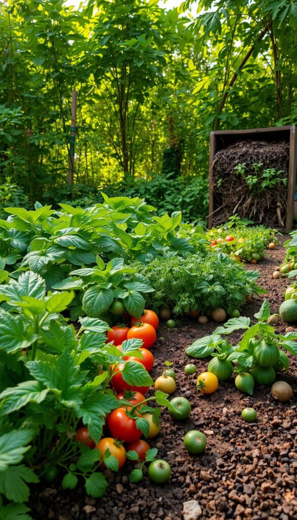 An expansive organic garden filled with lush, thriving vegetables and herbs. In the foreground, vibrant leafy greens, plump tomatoes, and fragrant herbs emerge from nutrient-rich soil. The middle ground showcases a variety of root vegetables, their greens spilling out of the earth. In the background, a compost bin overflows with decomposing organic matter, nourishing the soil. Warm, natural lighting filters through a canopy of verdant foliage, casting a soft, inviting glow. The scene evokes a sense of abundance, balance, and harmony between plants and their essential nutrients. An expansive organic garden filled with lush, thriving vegetables and herbs. In the foreground, vibrant leafy greens, plump tomatoes, and fragrant herbs emerge from nutrient-rich soil. The middle ground showcases a variety of root vegetables, their greens spilling out of the earth. In the background, a compost bin overflows with decomposing organic matter, nourishing the soil. Warm, natural lighting filters through a canopy of verdant foliage, casting a soft, inviting glow. The scene evokes a sense of abundance, balance, and harmony between plants and their essential nutrients.