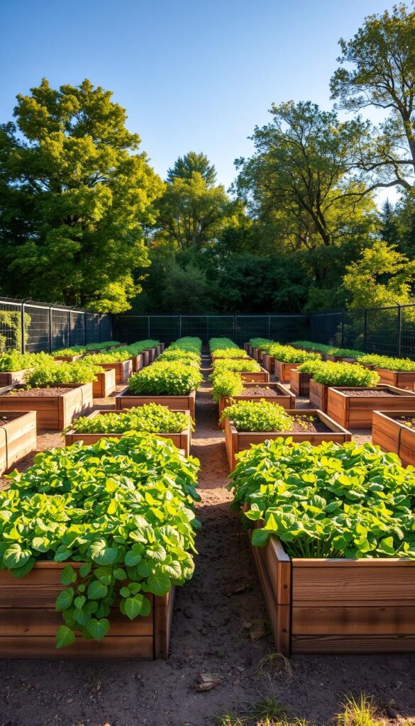 An expansive vegetable garden with raised planting beds, arranged in a symmetrical layout, bathed in warm, natural light. The beds are constructed with weathered, wooden planks, creating a rustic, earthy aesthetic. Lush, vibrant greenery cascades over the edges, hinting at the bountiful harvest to come. The beds are positioned in the foreground, drawing the eye inward, while a backdrop of verdant trees and a clear, azure sky creates a tranquil, serene environment. The entire scene evokes a sense of harmony, where the garden and its natural elements seamlessly coexist, inviting the viewer to envision the joys of nurturing a thriving, productive vegetable patch. An expansive vegetable garden with raised planting beds, arranged in a symmetrical layout, bathed in warm, natural light. The beds are constructed with weathered, wooden planks, creating a rustic, earthy aesthetic. Lush, vibrant greenery cascades over the edges, hinting at the bountiful harvest to come. The beds are positioned in the foreground, drawing the eye inward, while a backdrop of verdant trees and a clear, azure sky creates a tranquil, serene environment. The entire scene evokes a sense of harmony, where the garden and its natural elements seamlessly coexist, inviting the viewer to envision the joys of nurturing a thriving, productive vegetable patch.