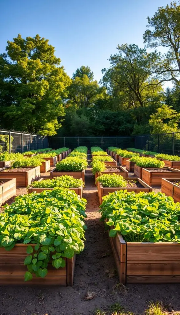 An expansive vegetable garden with raised planting beds, arranged in a symmetrical layout, bathed in warm, natural light. The beds are constructed with weathered, wooden planks, creating a rustic, earthy aesthetic. Lush, vibrant greenery cascades over the edges, hinting at the bountiful harvest to come. The beds are positioned in the foreground, drawing the eye inward, while a backdrop of verdant trees and a clear, azure sky creates a tranquil, serene environment. The entire scene evokes a sense of harmony, where the garden and its natural elements seamlessly coexist, inviting the viewer to envision the joys of nurturing a thriving, productive vegetable patch.