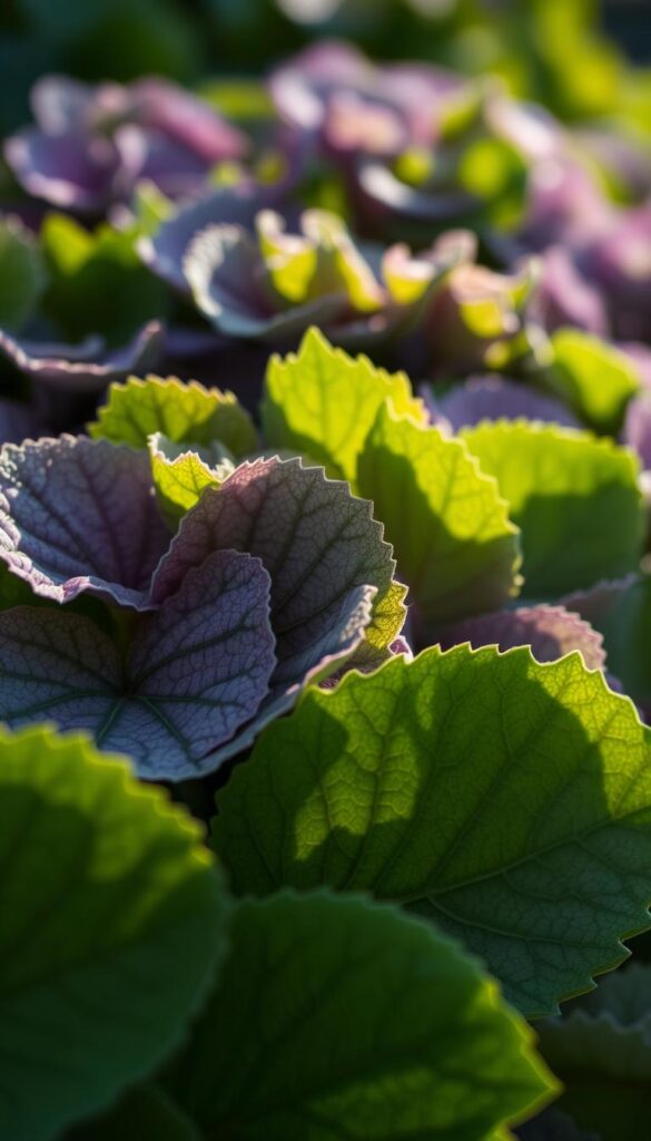 An extreme close-up of hydrangea leaves, illuminated by soft, diffused natural lighting. The leaves are lush and verdant, with intricate veining and a slight sheen. The foreground showcases the textural details of the leaves, while the middle ground blurs into a gentle, out-of-focus background, creating a sense of depth and focus. The color palette is vibrant, with deep greens and hints of purple hues. The lighting casts subtle shadows, accentuating the three-dimensional form of the leaves. The overall mood is serene and contemplative, inviting the viewer to closely examine the delicate beauty of the subject. An extreme close-up of hydrangea leaves, illuminated by soft, diffused natural lighting. The leaves are lush and verdant, with intricate veining and a slight sheen. The foreground showcases the textural details of the leaves, while the middle ground blurs into a gentle, out-of-focus background, creating a sense of depth and focus. The color palette is vibrant, with deep greens and hints of purple hues. The lighting casts subtle shadows, accentuating the three-dimensional form of the leaves. The overall mood is serene and contemplative, inviting the viewer to closely examine the delicate beauty of the subject.