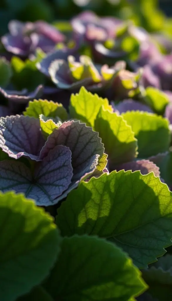 An extreme close-up of hydrangea leaves, illuminated by soft, diffused natural lighting. The leaves are lush and verdant, with intricate veining and a slight sheen. The foreground showcases the textural details of the leaves, while the middle ground blurs into a gentle, out-of-focus background, creating a sense of depth and focus. The color palette is vibrant, with deep greens and hints of purple hues. The lighting casts subtle shadows, accentuating the three-dimensional form of the leaves. The overall mood is serene and contemplative, inviting the viewer to closely examine the delicate beauty of the subject. An extreme close-up of hydrangea leaves, illuminated by soft, diffused natural lighting. The leaves are lush and verdant, with intricate veining and a slight sheen. The foreground showcases the textural details of the leaves, while the middle ground blurs into a gentle, out-of-focus background, creating a sense of depth and focus. The color palette is vibrant, with deep greens and hints of purple hues. The lighting casts subtle shadows, accentuating the three-dimensional form of the leaves. The overall mood is serene and contemplative, inviting the viewer to closely examine the delicate beauty of the subject.