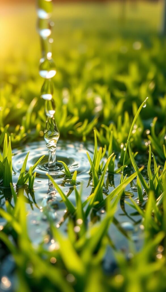 An inch of clear water gently cascading over a lush, verdant lawn, captured in a close-up frame that showcases the delicate interplay of light and droplets. The foreground features a shallow pool of water, its surface reflecting the surrounding greenery in a mesmerizing mirror-like effect. The middle ground presents blades of grass, their tips glistening with moisture, while the background subtly fades into a soft, hazy blur, creating a sense of depth and focus. Warm, natural lighting bathes the scene, casting subtle shadows and highlights that accentuate the organic textures and the captivating flow of the water. A serene, inviting atmosphere, perfect for illustrating the "Watering and Mowing Made Easy" section of the lawn care guide. An inch of clear water gently cascading over a lush, verdant lawn, captured in a close-up frame that showcases the delicate interplay of light and droplets. The foreground features a shallow pool of water, its surface reflecting the surrounding greenery in a mesmerizing mirror-like effect. The middle ground presents blades of grass, their tips glistening with moisture, while the background subtly fades into a soft, hazy blur, creating a sense of depth and focus. Warm, natural lighting bathes the scene, casting subtle shadows and highlights that accentuate the organic textures and the captivating flow of the water. A serene, inviting atmosphere, perfect for illustrating the "Watering and Mowing Made Easy" section of the lawn care guide.