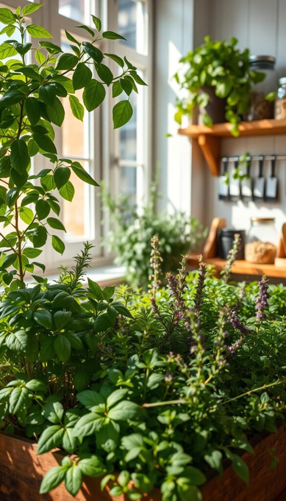 An indoor herb garden, lush and vibrant, filling the kitchen with its aromatic essence. Sunlight streams through large windows, casting a warm glow on the verdant foliage. In the foreground, a wooden planter box overflows with thriving basil, rosemary, and thyme, their leaves gently rustling. The middle ground showcases a variety of other herbs, their colors ranging from deep greens to delicate purples, each with its distinct fragrance. In the background, a rustic wooden shelf displays jars of dried herbs, complementing the fresh bounty. The scene exudes a cozy, homely atmosphere, inviting you to step in and breathe deeply, savoring the scents of this self-sustaining culinary oasis. An indoor herb garden, lush and vibrant, filling the kitchen with its aromatic essence. Sunlight streams through large windows, casting a warm glow on the verdant foliage. In the foreground, a wooden planter box overflows with thriving basil, rosemary, and thyme, their leaves gently rustling. The middle ground showcases a variety of other herbs, their colors ranging from deep greens to delicate purples, each with its distinct fragrance. In the background, a rustic wooden shelf displays jars of dried herbs, complementing the fresh bounty. The scene exudes a cozy, homely atmosphere, inviting you to step in and breathe deeply, savoring the scents of this self-sustaining culinary oasis.