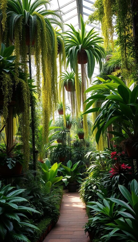 An indoor jungle with lush, verdant foliage cascading from towering shelves. Sunlight filters through large windows, casting a warm glow across the diverse array of tropical plants - from towering palms to trailing vines and vibrant flowers. The foreground features a winding path through the jungle, inviting the viewer to explore. In the middle ground, potted plants of varying sizes and shapes create a layered, immersive scene. The background is filled with a mix of tall, leafy plants that reach towards the high ceilings, creating a sense of depth and tranquility. The overall atmosphere is one of serene, natural beauty - a calming oasis within an indoor space. An indoor jungle with lush, verdant foliage cascading from towering shelves. Sunlight filters through large windows, casting a warm glow across the diverse array of tropical plants - from towering palms to trailing vines and vibrant flowers. The foreground features a winding path through the jungle, inviting the viewer to explore. In the middle ground, potted plants of varying sizes and shapes create a layered, immersive scene. The background is filled with a mix of tall, leafy plants that reach towards the high ceilings, creating a sense of depth and tranquility. The overall atmosphere is one of serene, natural beauty - a calming oasis within an indoor space.