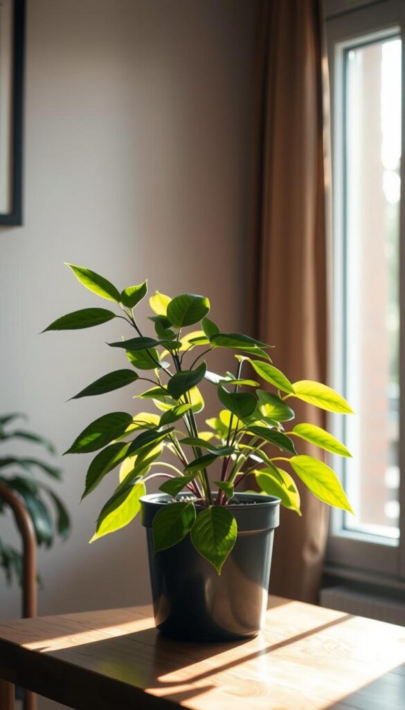 An indoor scene with a beautiful, lush green potted plant placed on a wooden table, basking in a warm, soft light from a window in the background. The plant's leaves are gently illuminated, creating a serene and calming atmosphere. The lighting is diffused and indirect, creating subtle shadows and highlights that accentuate the plant's natural beauty. The scene is captured from a slightly elevated angle, giving a sense of depth and creating a visually appealing composition. The overall mood is one of tranquility and simplicity, perfectly capturing the essence of an "Essential Light Guide" for indoor plants.