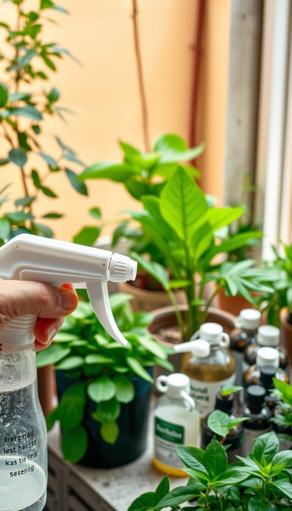 An integrated management spray system for indoor houseplants, featuring a comprehensive array of organic pesticides and botanical treatments. In the foreground, a hand-held sprayer filled with a natural pest control solution, its nozzle aimed at a verdant plant leaf. The middle ground showcases a variety of potted plants, each with healthy foliage, free from signs of infestation. In the background, jars of essential oils, plant-based insecticidal soaps, and other eco-friendly pest management products are neatly arranged, conveying a sense of holistic, sustainable care. Warm, diffused lighting illuminates the scene, creating a soothing, greenhouse-like atmosphere. The overall composition highlights the versatility and effectiveness of an integrated approach to keeping indoor plants thriving and pest-free.