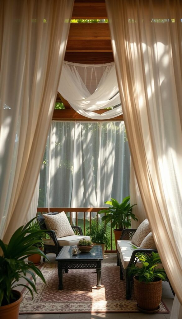 An intimate outdoor oasis, dappled sunlight filters through a sheer canopy that gently sways in the breeze. Wispy curtains cascade from a wooden pergola, creating a sense of refined seclusion. Plush seating invites you to linger, while lush potted plants and a patterned rug ground the scene in natural elegance. Soft, diffused illumination casts a warm glow, evoking a serene, private retreat where you can unwind and savor the great outdoors.