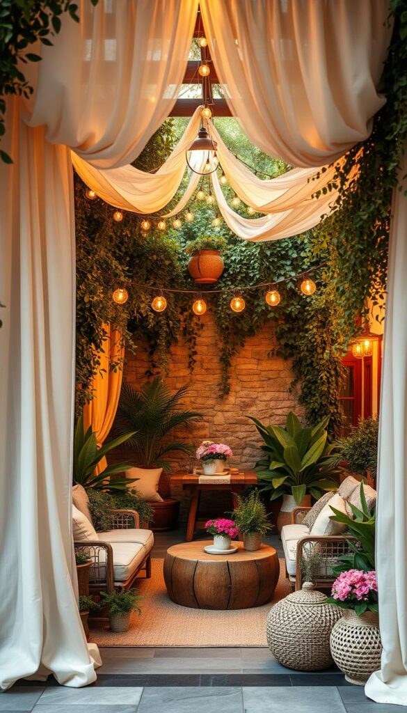 An intimate outdoor oasis, with a cozy lounge area surrounded by lush greenery and a dining nook bathed in warm, golden light. Soft, billowing curtains frame the scene, creating a sense of privacy and enclosure. Plush seating, natural wood accents, and an array of potted plants and flowers lend a relaxed, inviting ambiance. Overhead, a delicate canopy of string lights casts a gentle glow, while the backdrop features a stone or brick wall, adding depth and texture. The overall composition suggests a harmonious, almost magical outdoor retreat, perfect for gathering, dining, and unwinding.