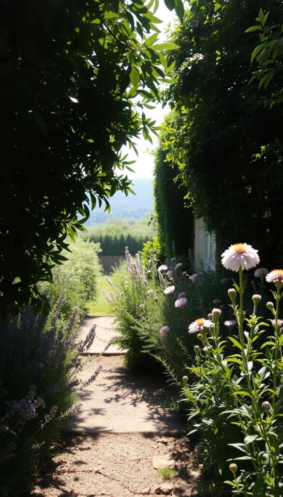 An intimate, tranquil garden scene in soft, muted tones. In the foreground, lush, verdant foliage casts delicate, dancing shadows across a secluded pathway. Dappled light filters through the canopy above, creating a serene, natural atmosphere. In the middle ground, a mix of textured, shade-tolerant flowers bloom in hues of lavender, soft pink, and pale blue, their petals gently swaying. The background fades into a hazy, dreamlike landscape, hinting at the quiet, contemplative mood. Captured through a wide-angle lens, the composition invites the viewer to step into this peaceful oasis, a haven of subtle beauty and restful repose. An intimate, tranquil garden scene in soft, muted tones. In the foreground, lush, verdant foliage casts delicate, dancing shadows across a secluded pathway. Dappled light filters through the canopy above, creating a serene, natural atmosphere. In the middle ground, a mix of textured, shade-tolerant flowers bloom in hues of lavender, soft pink, and pale blue, their petals gently swaying. The background fades into a hazy, dreamlike landscape, hinting at the quiet, contemplative mood. Captured through a wide-angle lens, the composition invites the viewer to step into this peaceful oasis, a haven of subtle beauty and restful repose.