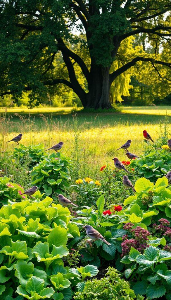 An lush, sprawling vegetable garden with companion plants and vibrant birds in a natural setting. In the foreground, an array of leafy greens, flowering herbs, and other beneficial plants arranged in a visually pleasing pattern. In the middle ground, a variety of birds - sparrows, robins, and finches - perched on branches or darting between the plants, adding life and movement to the scene. The background depicts a sun-dappled clearing with soft, warm lighting filtering through the canopy of trees overhead, creating a serene, inviting atmosphere. The composition conveys the harmony and synergy between the garden, its plant inhabitants, and the wild birds that thrive within it, illustrating the power of natural pest control methods. An lush, sprawling vegetable garden with companion plants and vibrant birds in a natural setting. In the foreground, an array of leafy greens, flowering herbs, and other beneficial plants arranged in a visually pleasing pattern. In the middle ground, a variety of birds - sparrows, robins, and finches - perched on branches or darting between the plants, adding life and movement to the scene. The background depicts a sun-dappled clearing with soft, warm lighting filtering through the canopy of trees overhead, creating a serene, inviting atmosphere. The composition conveys the harmony and synergy between the garden, its plant inhabitants, and the wild birds that thrive within it, illustrating the power of natural pest control methods.